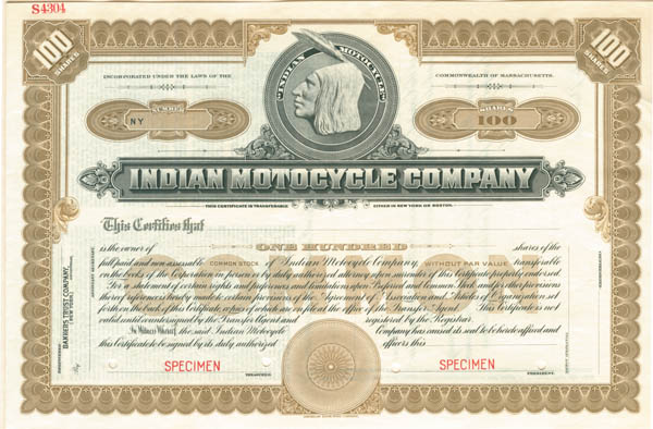 Indian Motorcycle Co. - Specimen Stock Certificate